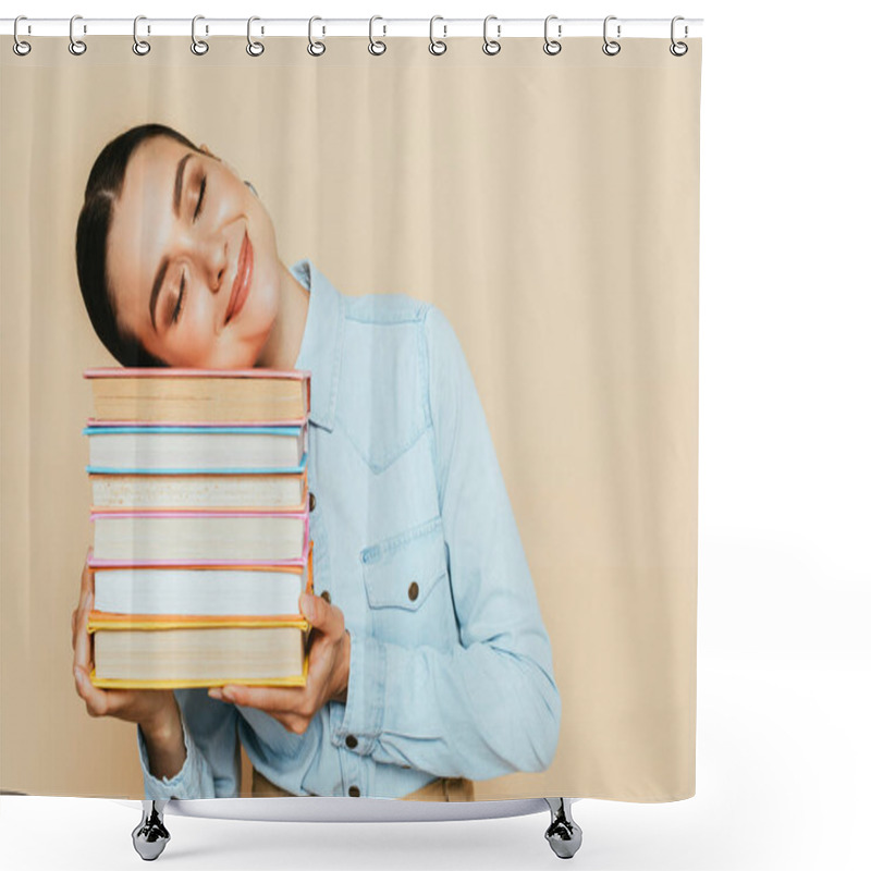 Personality  Pleased Student In Denim Shirt With Books Isolated On Beige Shower Curtains