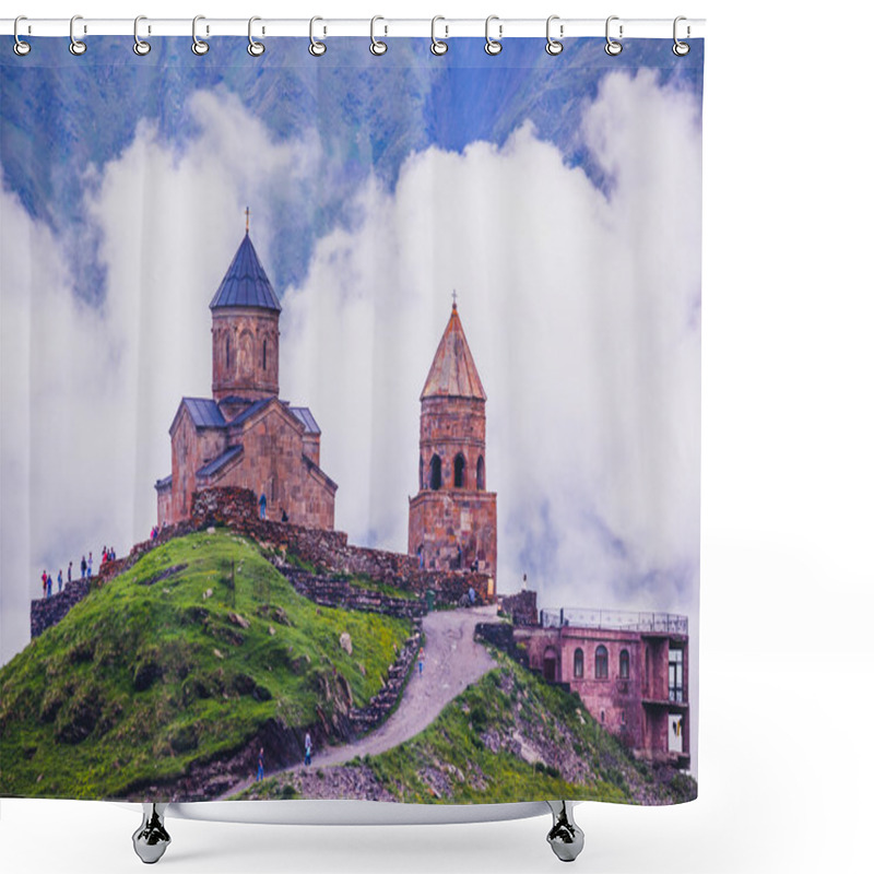 Personality  Gergeti Trinity Church In The Mountains Of The Caucasus Shower Curtains