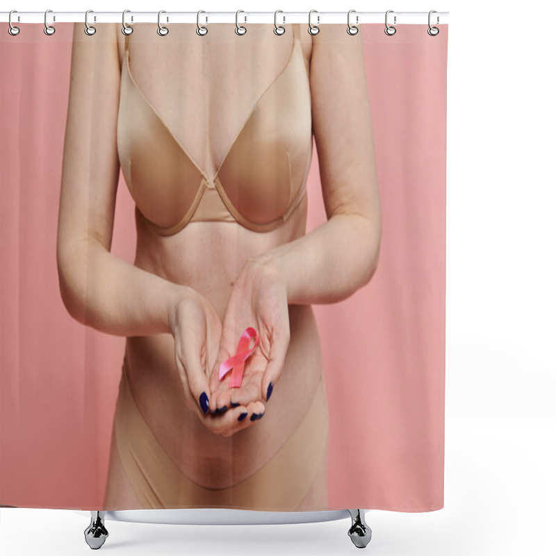 Personality  A Woman Wearing A Bra And Underwear Holds A Pink Ribbon In Her Hands, Symbolizing Breast Cancer Awareness. Shower Curtains