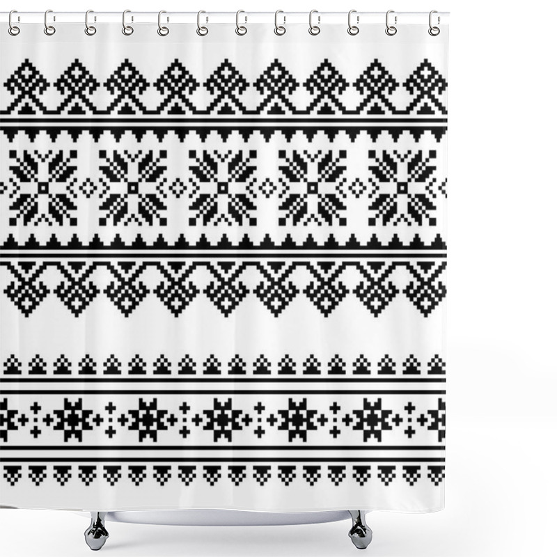 Personality  Traditional Folk Ukrainian Embroidery Pattern In Black And White Shower Curtains