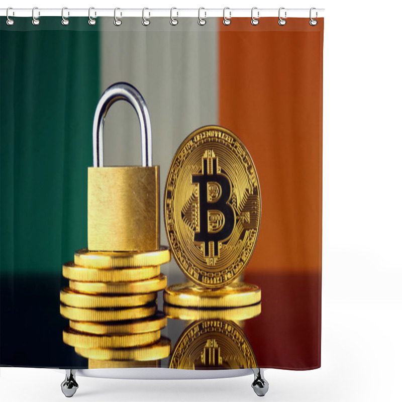 Personality  Physical Version Of Bitcoin, Golden Padlock And Ireland Flag. Prohibition Of Cryptocurrencies, Regulations, Restrictions Or Security, Protection, Privacy. Shower Curtains