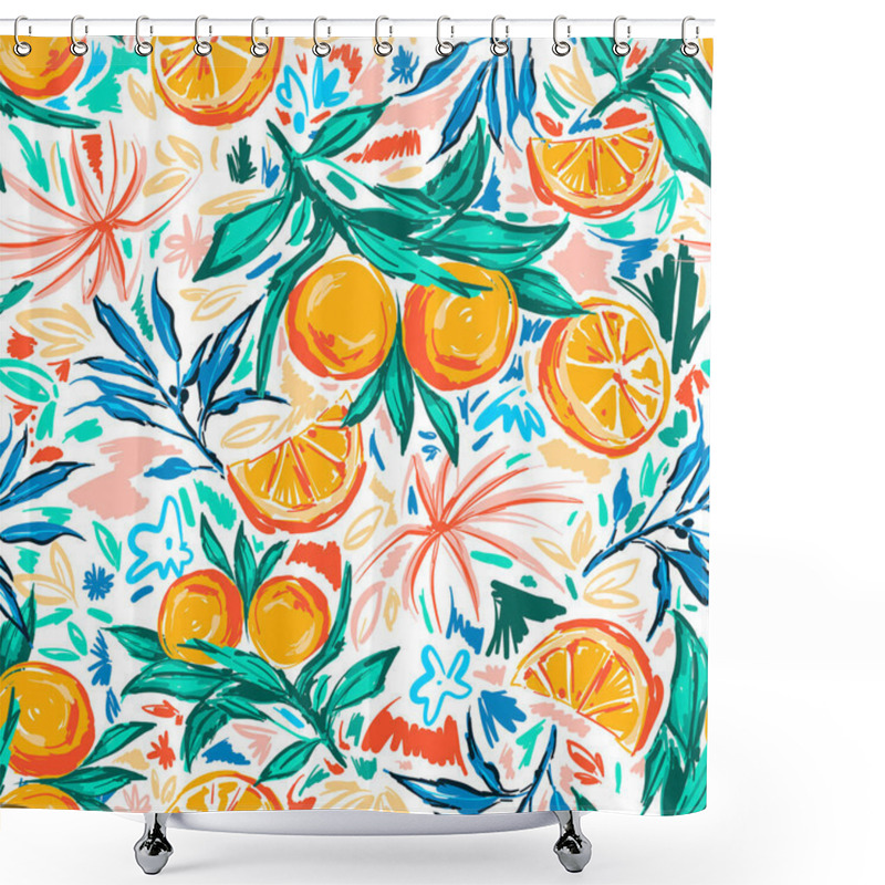 Personality  Trendy And Colourful Of Summer Fruits Orange And Leaves Brushed Strokes Style, Seamless Pattern Vector ,Design For Fashion , Fabric, Textile, Wallpaper, Cover, Web , Wrapping And All Prints Shower Curtains