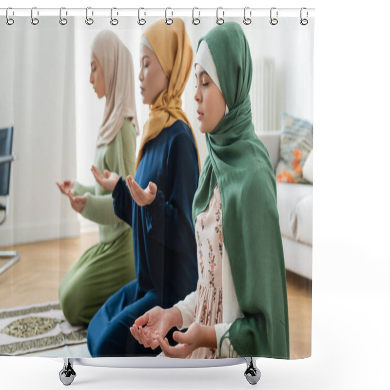 Personality  Teenager Praying Near Blurred Multiethnic Family At Home  Shower Curtains