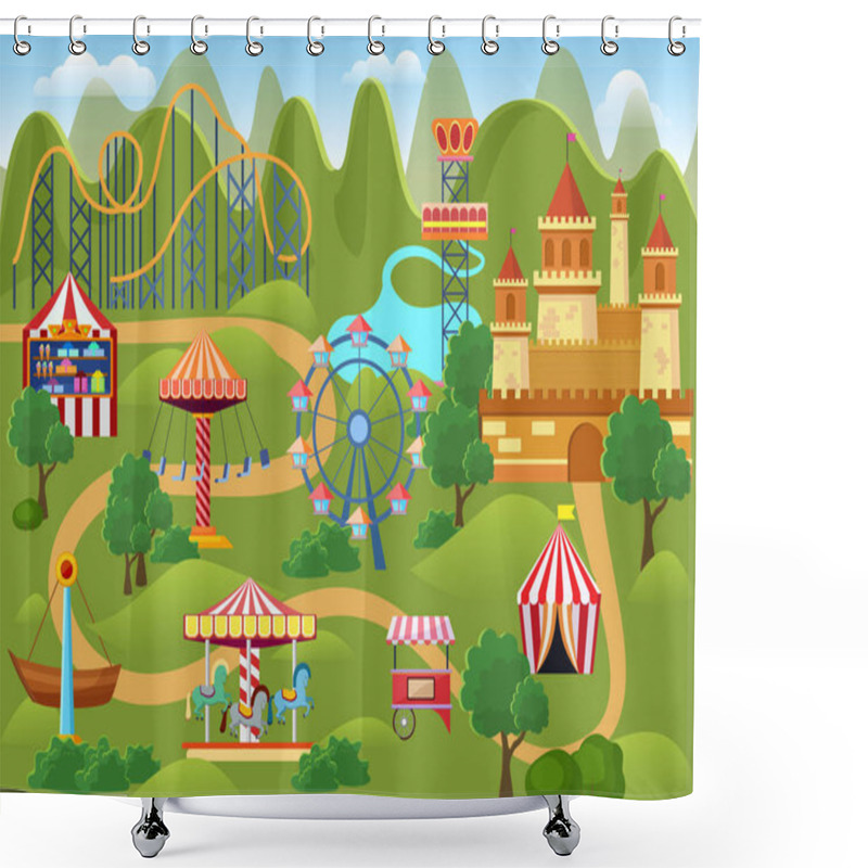 Personality  Amusement Park Concept Landscape Map With Flat Fairground Elements, Castle, Mountains Cartoon Vector Illustration. Shower Curtains