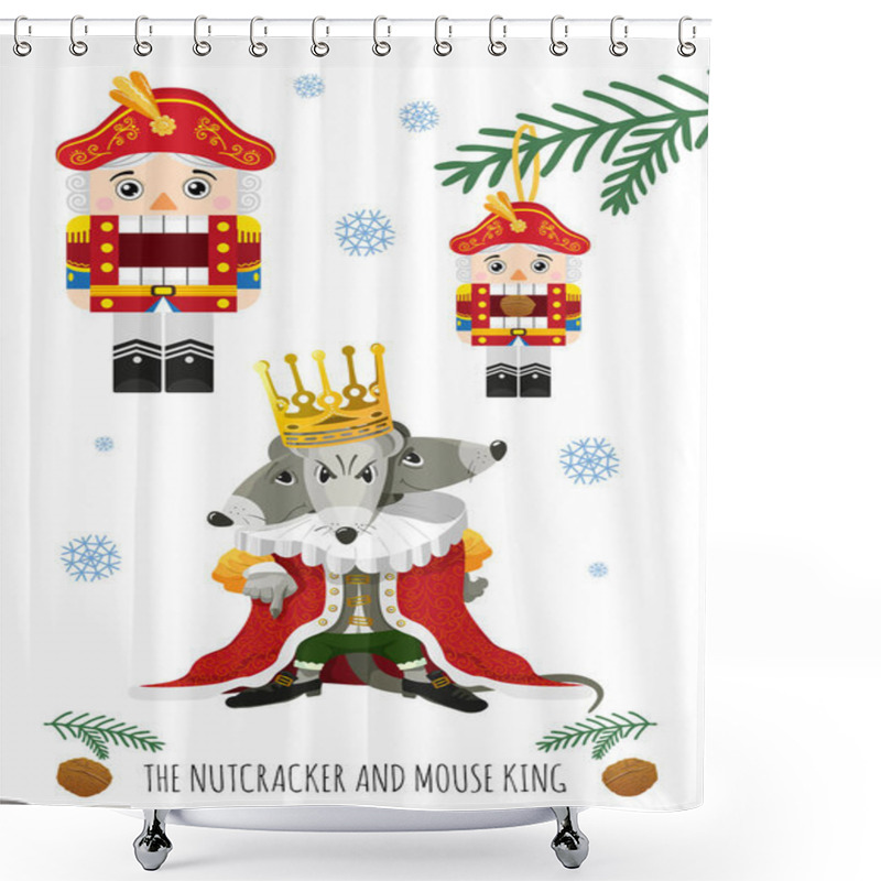 Personality  Cute Nutcracker From A Winter Christmas Fairy Tale And The Evil Mouse King. Set On A White Background. Funny Flat Style For Holiday Cards, Posters For Christmas, New Year. Shower Curtains