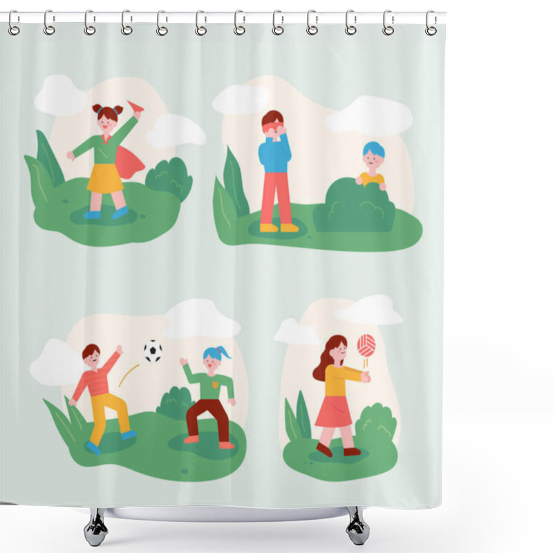 Personality  The Children Are Playing With Their Friends In The Park. Children Playing Ball Or Playing Hide-and-seek. Flat Design Style Minimal Vector Illustration. Shower Curtains