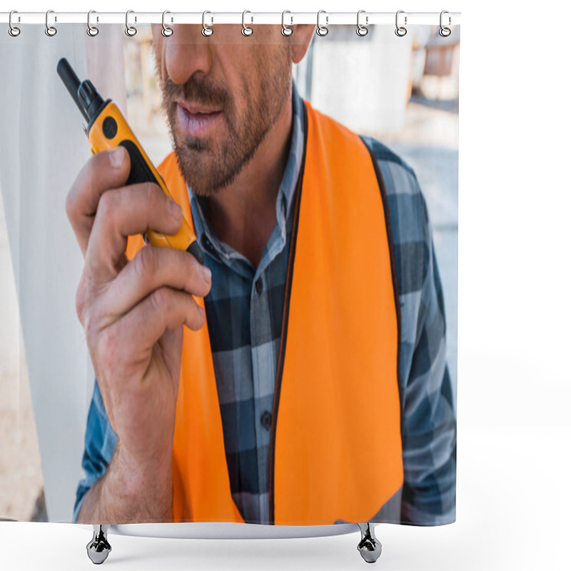 Personality  Cropped View Of Bearded Man Holding Walkie Talkie  Shower Curtains