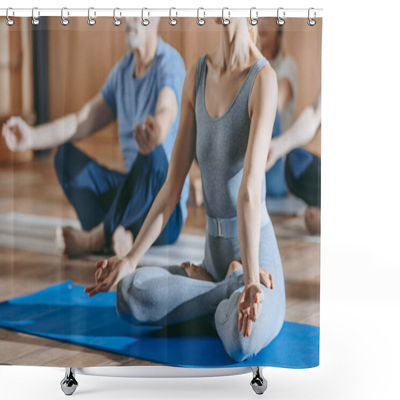 Personality  Cropped Shot Of Female Instructor With Senior People Sitting In Lotus Position On Yoga Mats  Shower Curtains