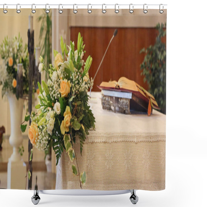 Personality  Floral Decoration On An Altar Of The Christian Church During The Eucharistic Celebration Of The Holy Mass Shower Curtains