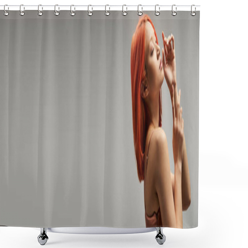 Personality  Dreamy Asian Woman With Closed Eyes Standing In Slip Dress On Grey Background, Feminine Grace Banner Shower Curtains