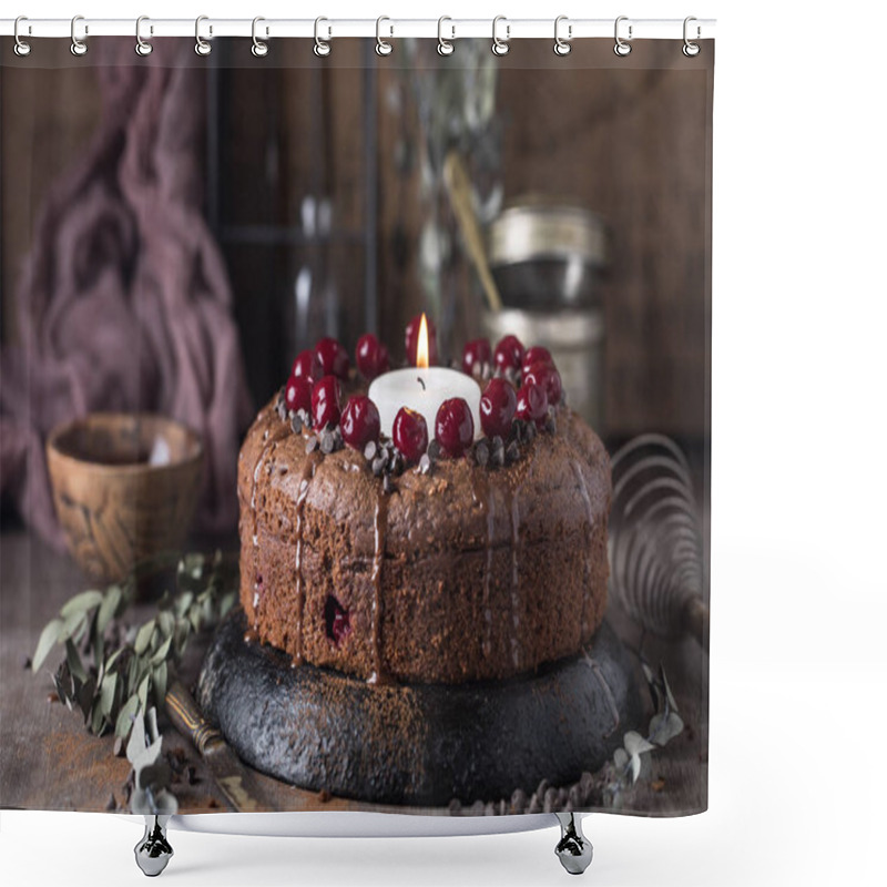 Personality  Chocolate Cherry Cake With Big Candle  Shower Curtains