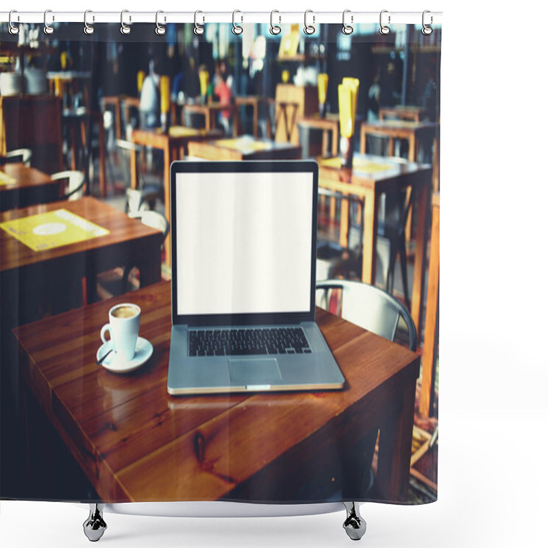 Personality  Open Laptop Computer And Cup Of Coffee Lying On A Wooden Table In Cafe Bar Interior Shower Curtains