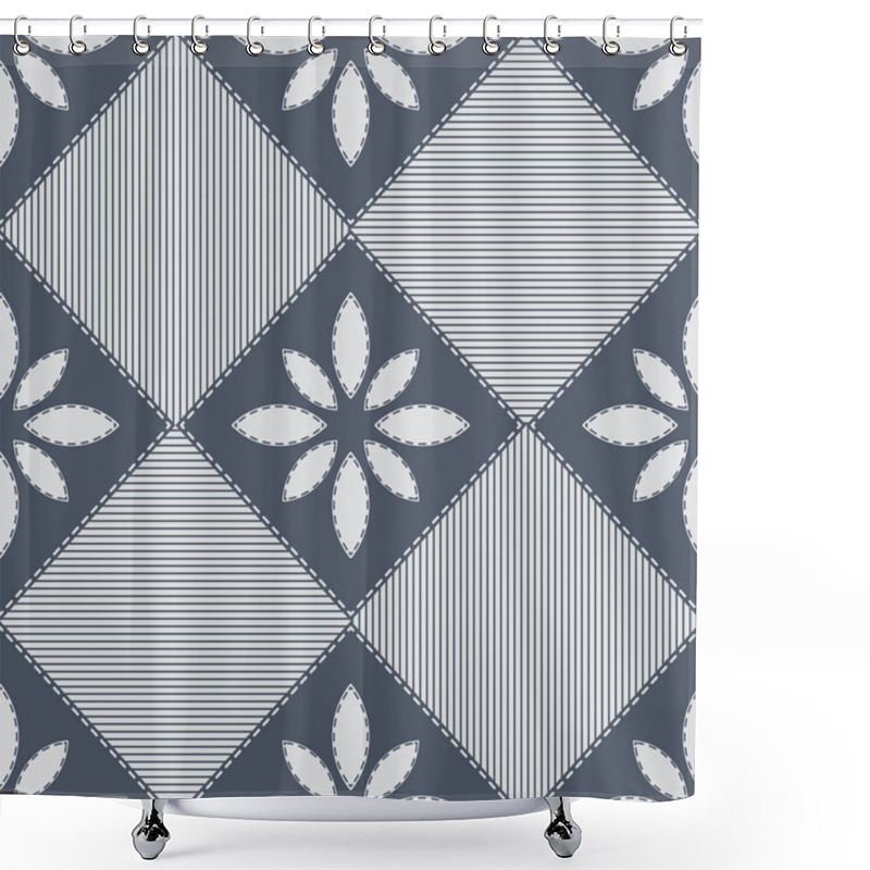 Personality  Seamless Vector Pattern Dark Gray And White Cheater Quilt Diamond Shapes With Flowers And Stripes. Vector Illustration Shower Curtains