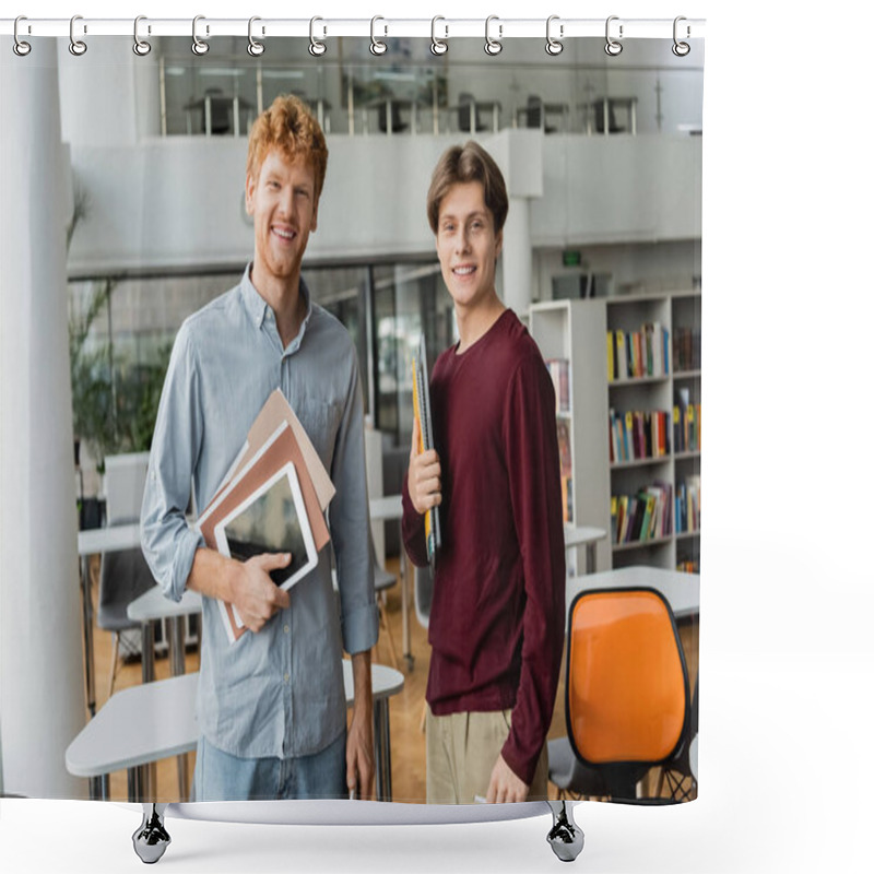 Personality  Two Young Male Students Stand Side By Side, Each Holding A Book In A Library. Shower Curtains