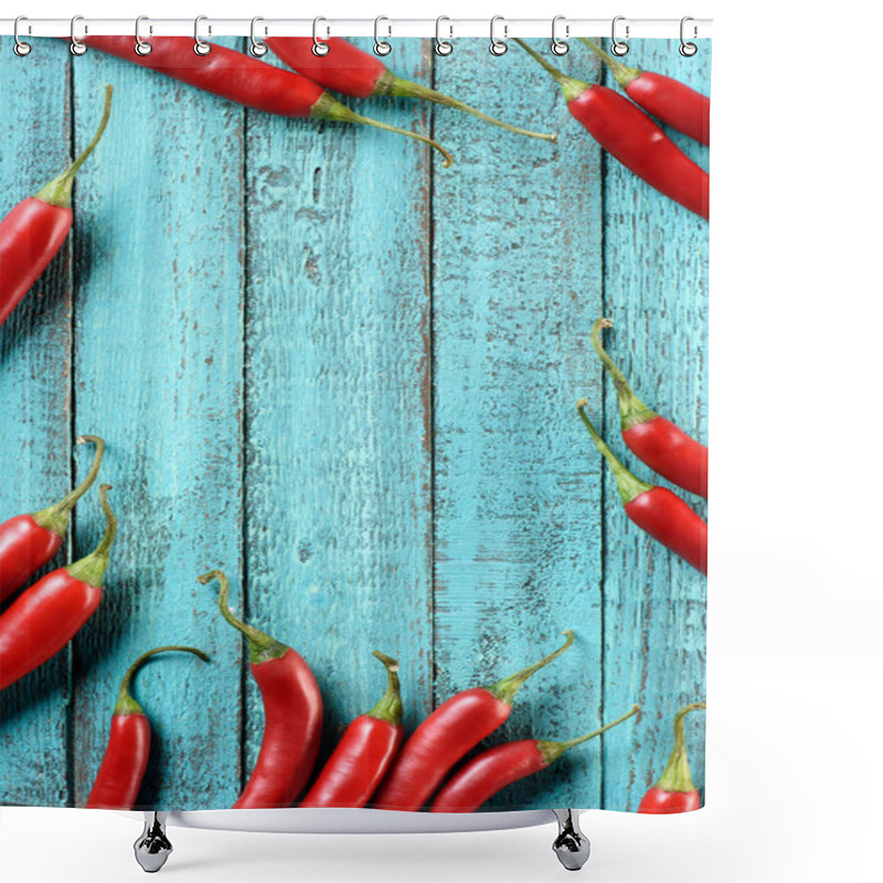 Personality  Top View Of Red Ripe Chili Peppers On Blue Wooden Table Shower Curtains