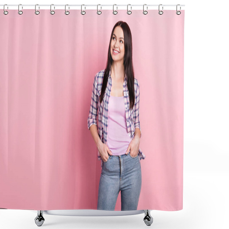 Personality  Portrait Of Lovely Cheerful Girl Creating Strategy Copy Empty Space Ad Isolated Over Pink Pastel Color Background Shower Curtains