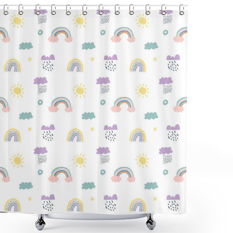 Personality  Children Vector Scandinavian Seamless Pattern Clouds, Rain, Sun And Rainbow Shower Curtains