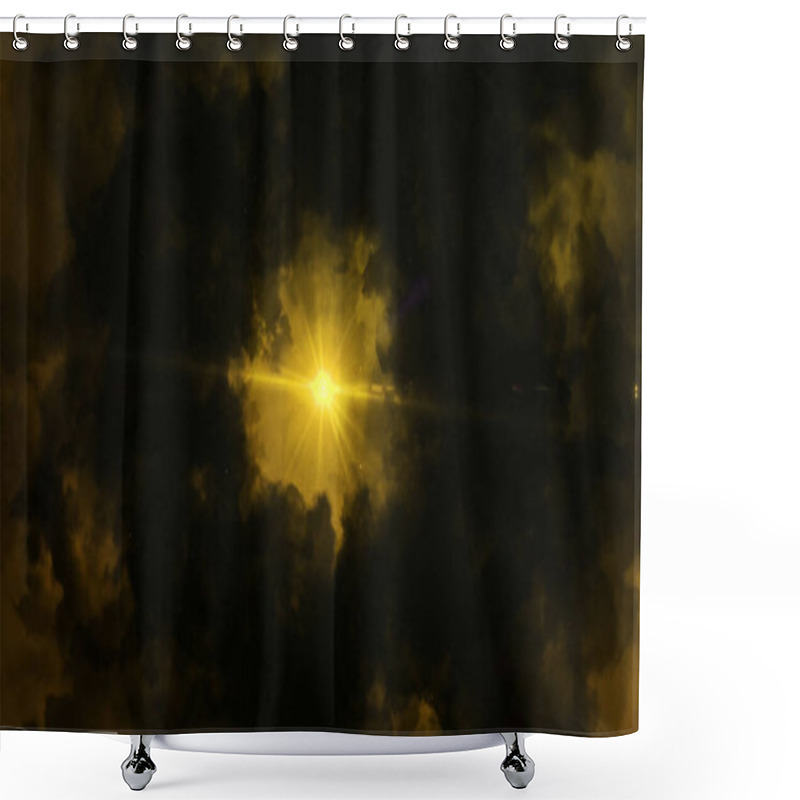 Personality  Dramatic Dark Bright Fluffy Clouds Flying Around Lonely Shining Star. Animation. Abstract Beautiful Sky Of Dark Yellow Color, Bottom View Of Abstract Nature At Night. Shower Curtains