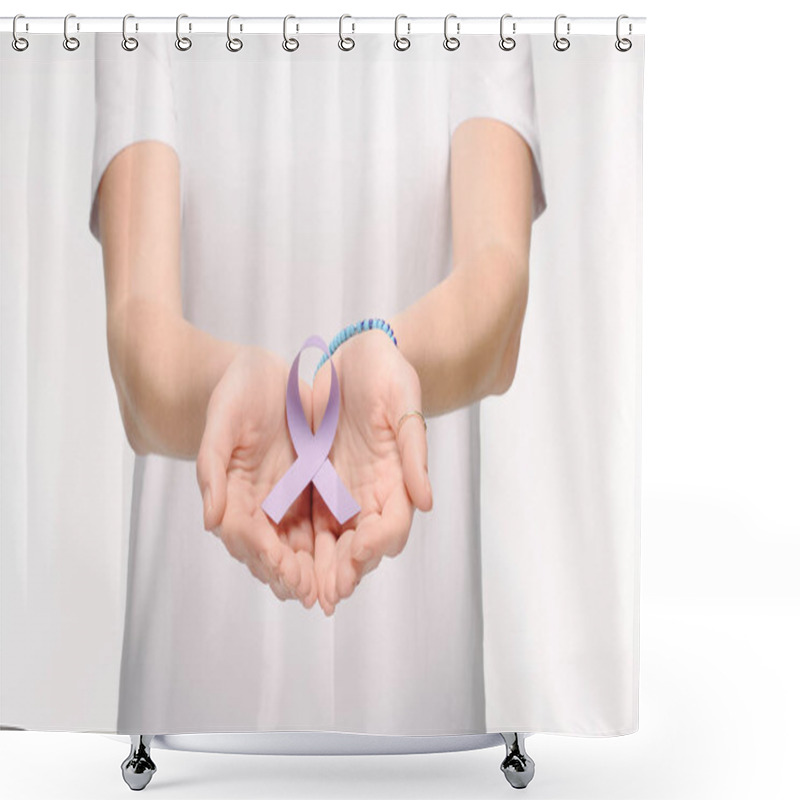 Personality  Cropped Shot Of Woman Holding Purple Awareness Ribbon For General Cancer Awareness, Lupus Awareness, Drug Overdose, Domestic Violence Symbol In Hands Isolated On White Shower Curtains