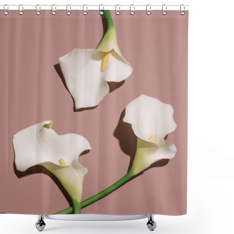 Personality  Beautiful Calla Flowers On Brown Background. Above View  Shower Curtains