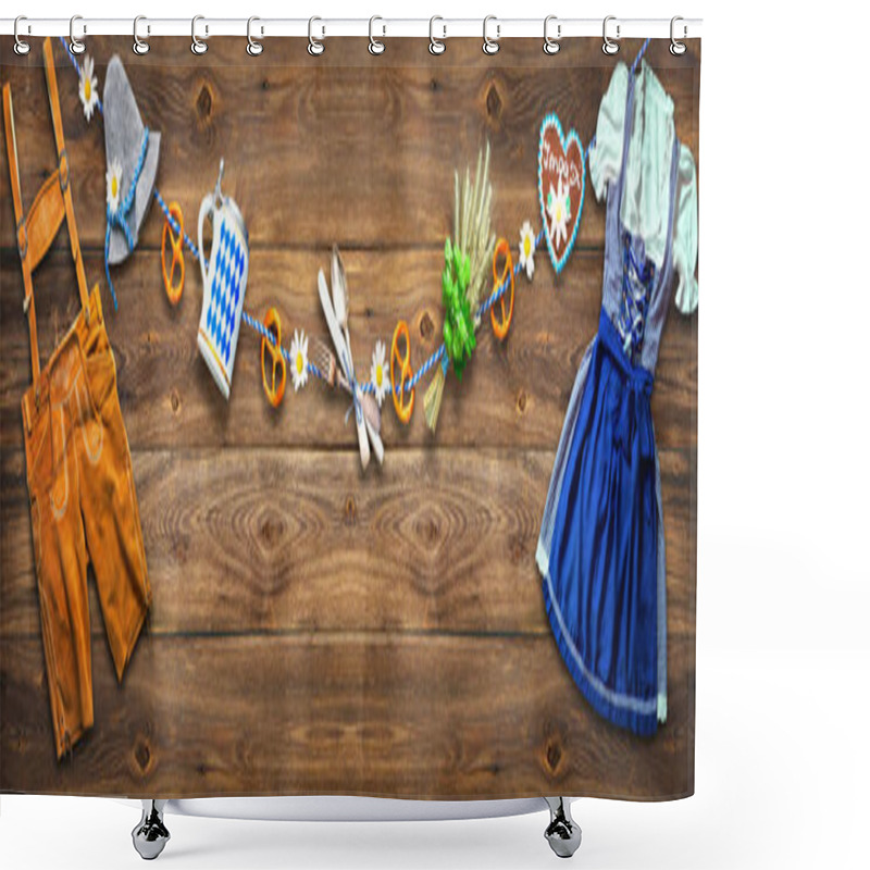 Personality  Rustic Background For Oktoberfest With White And Blue Fabric, Bavarian Clothes, Gingerbread, Beer Stein And Pretzel Shower Curtains