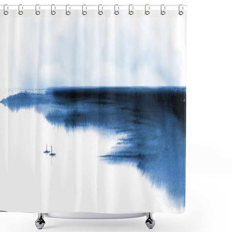 Personality  Minimalist Ink Wash Painting Landscape With Fishing Boats And Sea Coast. Traditional Japanese Ink Wash Painting Sumi-e. Shower Curtains