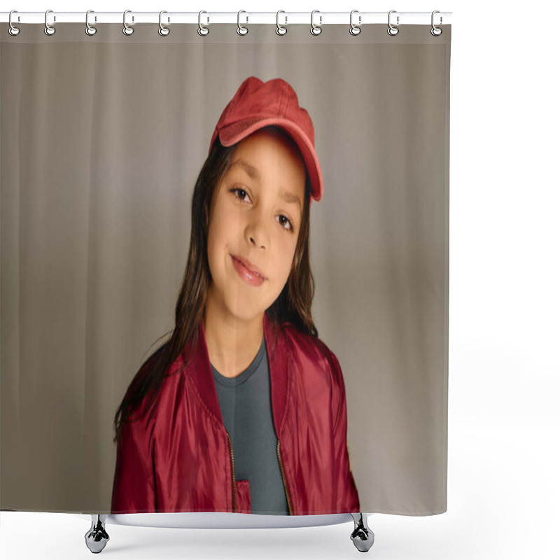 Personality  A Cheerful Girl Wearing A Cozy Jacket And Cap Beams With Excitement For Christmas Cheer. Shower Curtains