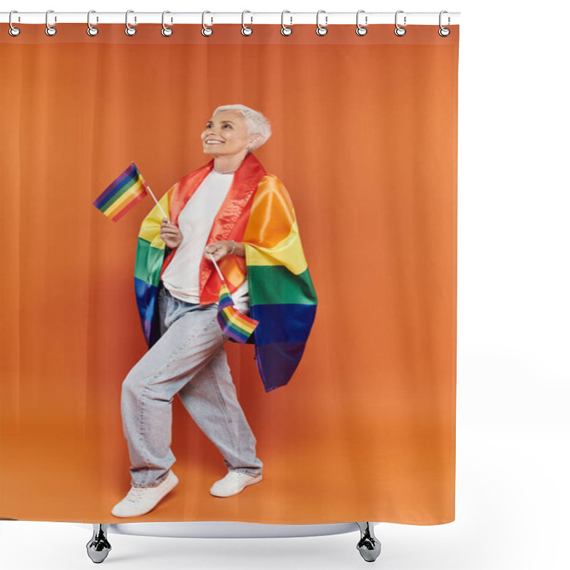 Personality  A Mature, Stylish Woman Joyfully Embraces Her Identity With Rainbow Flags. Shower Curtains