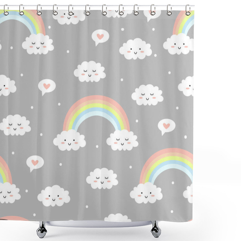 Personality  Cute Clouds With Rainbow On Grey Background. Seamless Pattern. Vector Illustration Shower Curtains