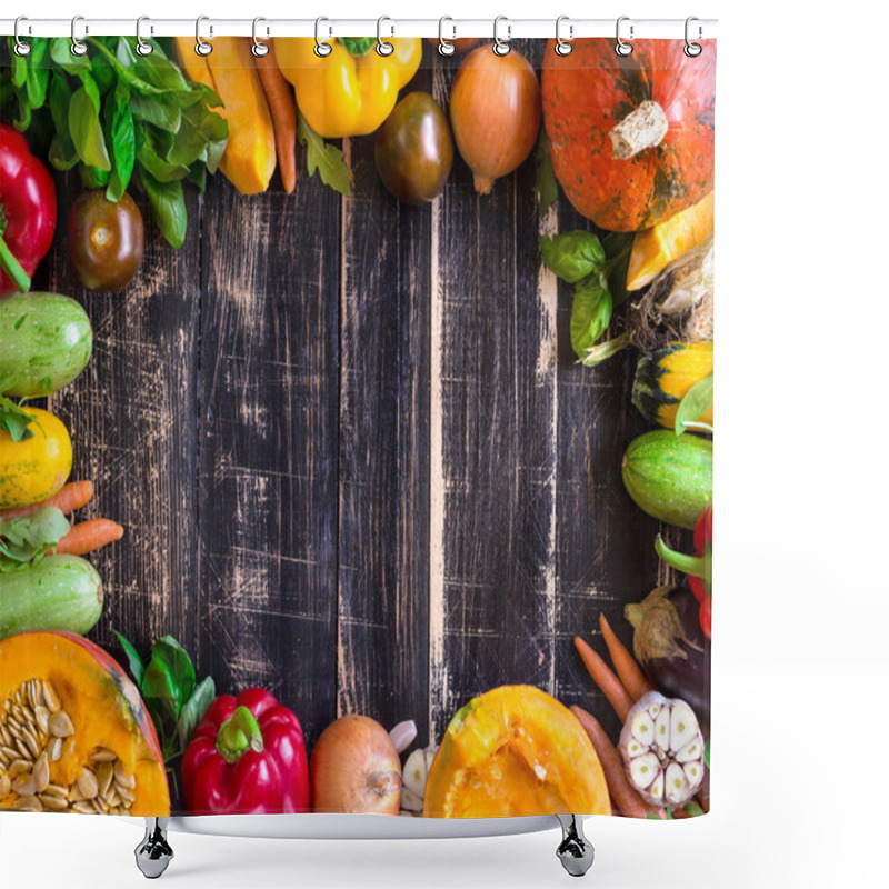 Personality  Fresh Vegetables On A Rustic Dark Textured Table. Autumn Backgro Shower Curtains