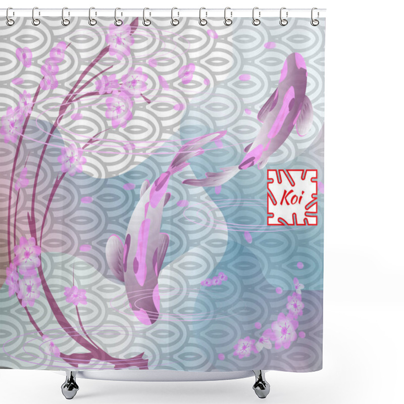 Personality  Set With Fish And Sakura, Koi Carp On Traditional Japanese Background. Monochrome Pastel Soft Pink And Blue. Vector Illustration, Cyprinus Carpio. Shower Curtains