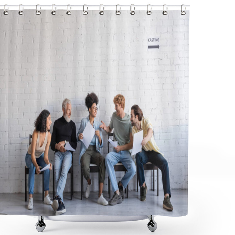 Personality  Redhead Man Pointing With Hand While Talking To Multicultural Actors Waiting For Casting In Hall Shower Curtains