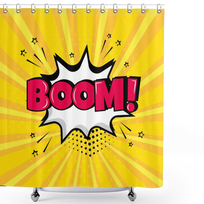 Personality  White Comic Bubble With BOOM Word On Yellow Background. Comic Sound Effects In Pop Art Style. Vector Illustration. Shower Curtains