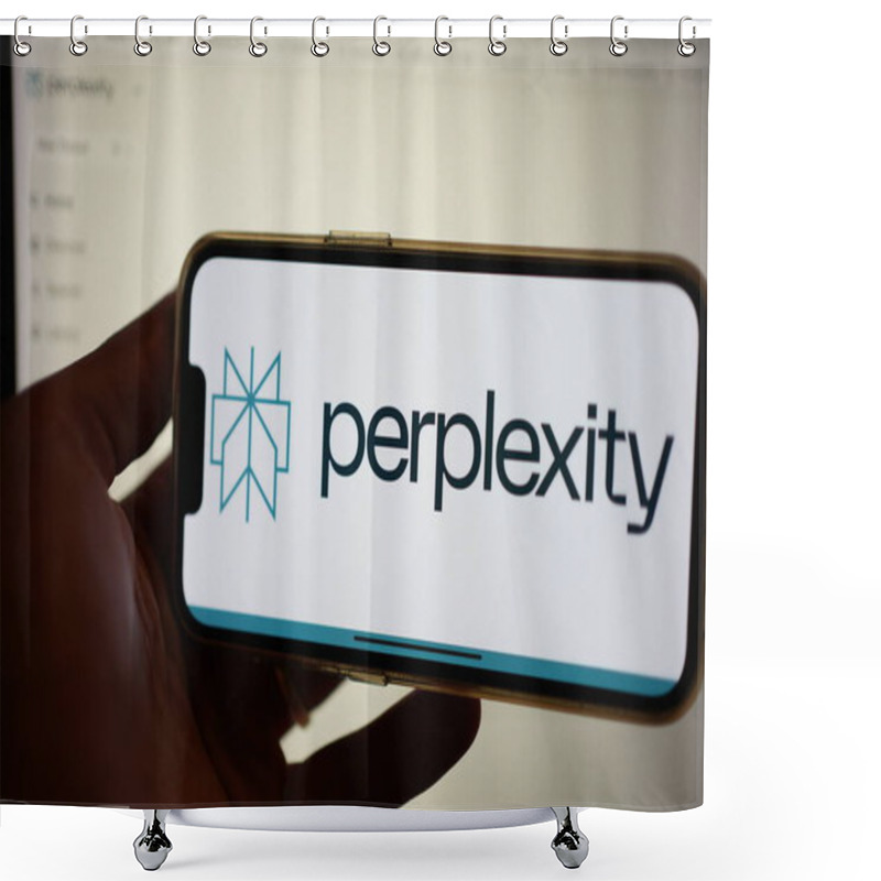 Personality  Roosendaal, The Netherlands - February 2, 2025: A Mobile Phone Screen Displaying The Logo Of Perplexity AI, A Conversational AI Search Engine, With The Company Website In The Background. Shower Curtains