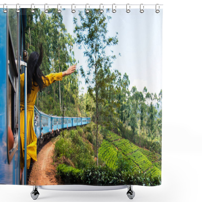 Personality  Woman Enjoying Train Ride Through Sri Lanka Tea Plantations Shower Curtains