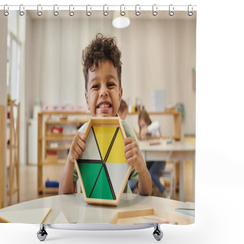 Personality  Positive African American Boy Holding Wooden Didactic Materials In Blurred Montessori School Shower Curtains