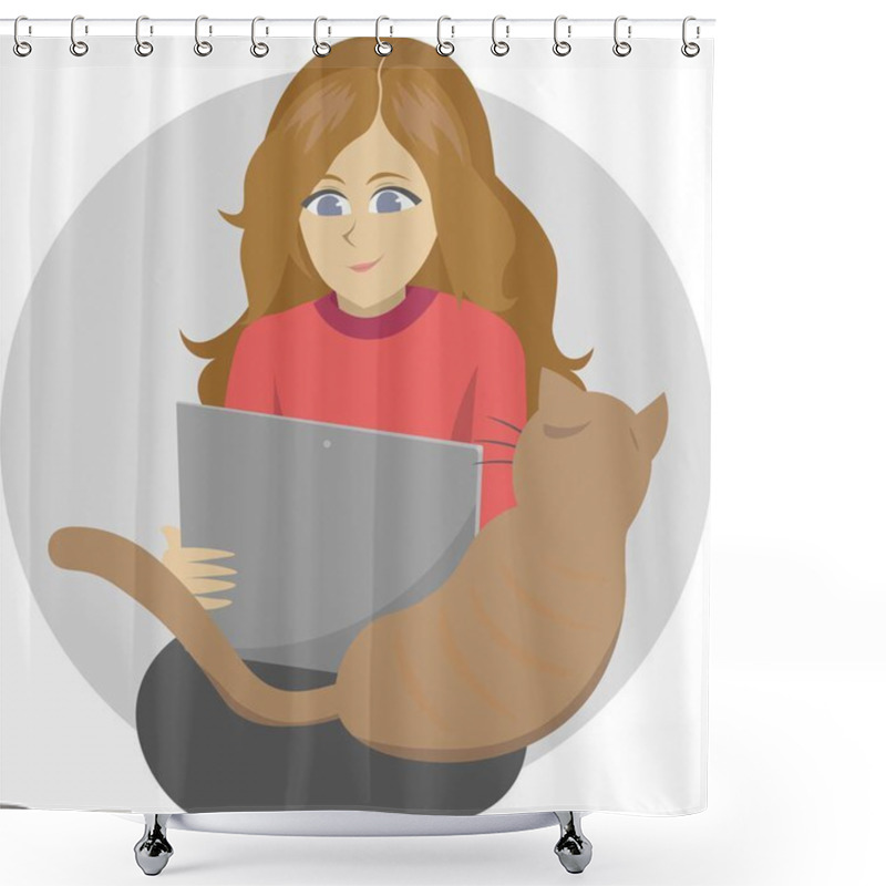 Personality  Cat-loving Woman Doing Some Online Shopping Or Browsing The Web. Long-haired Girl With A Cat Sitting On Her Lap Is Using Her Tablet Or Laptop. She's Wearing A Red Sweater.  Shower Curtains