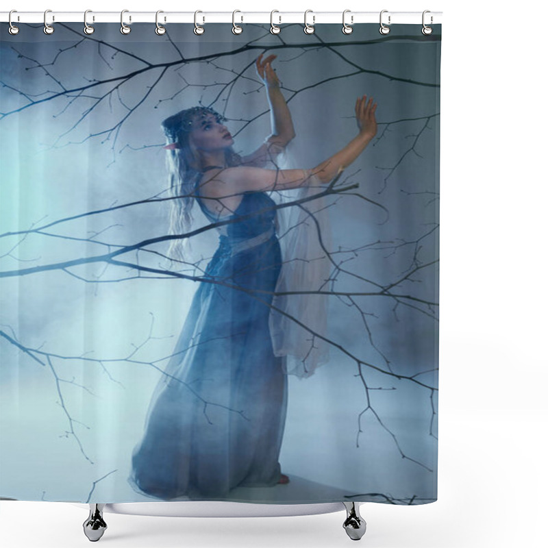 Personality  A Young Woman In A Blue Dress Stands Gracefully Before A Majestic Tree, Embodying The Essence Of An Ethereal Elf Princess. Shower Curtains