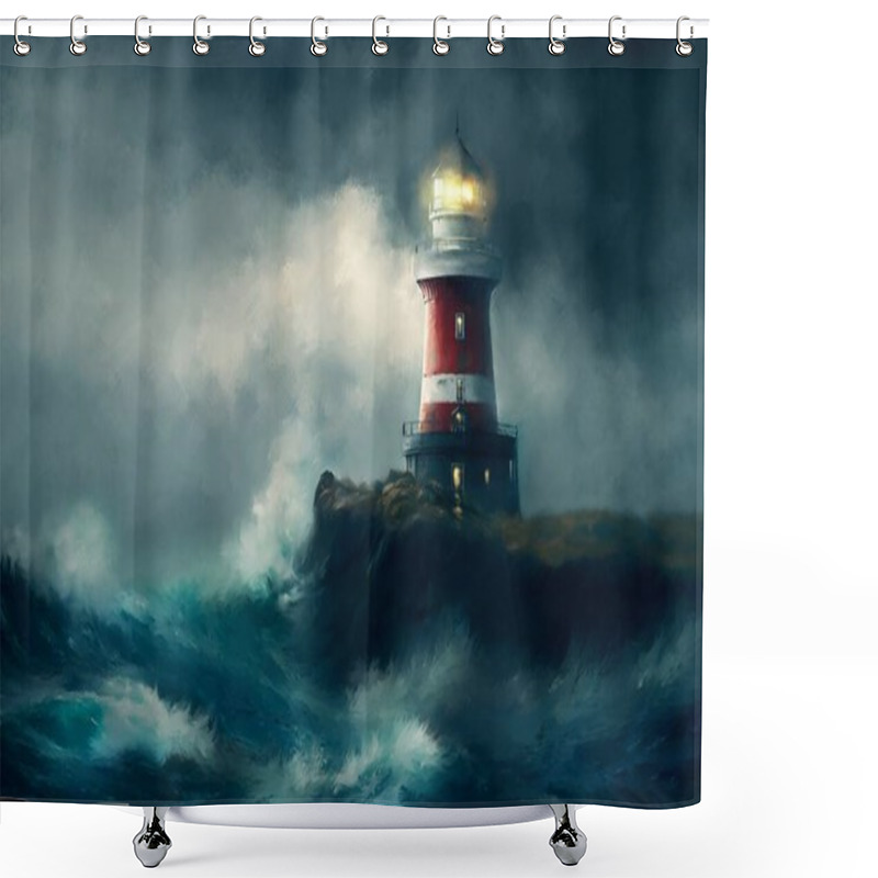 Personality  Oil Paintings Sea Landscape, Fine Art, Artwork, Lighthouse On The Coast, Lighthouse In The Night Shower Curtains