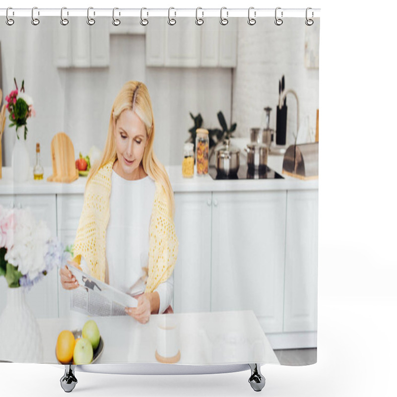 Personality  Attractive Blonde Mature Woman Reading Newspaper And Drinking Coffee At Kitchen Shower Curtains