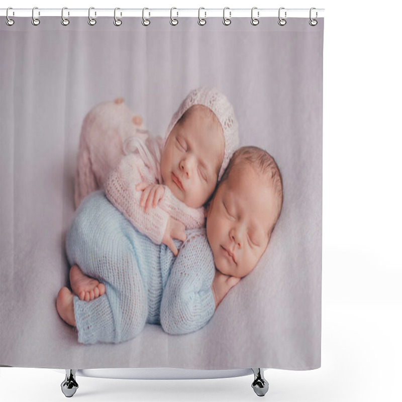 Personality  Twins Are Newborn Brother And Sister. Newborn Girl And Boy. Sleep Sweetly And Smile Shower Curtains