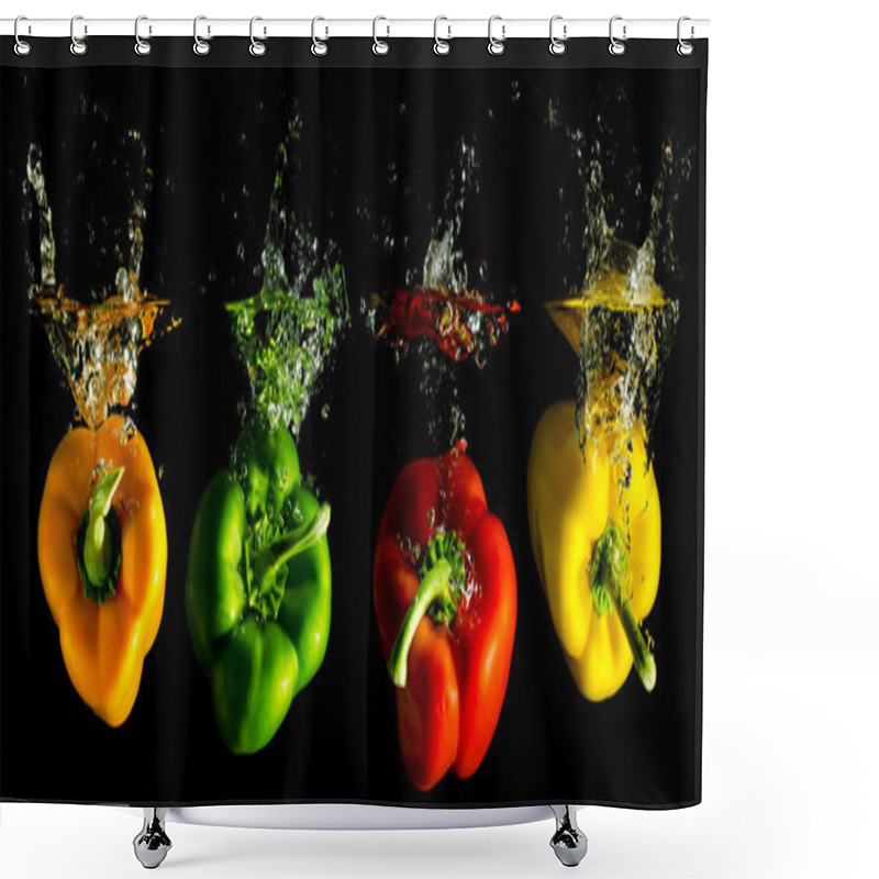 Personality  Four Several Coloured Paprika Falling Into Water Shower Curtains