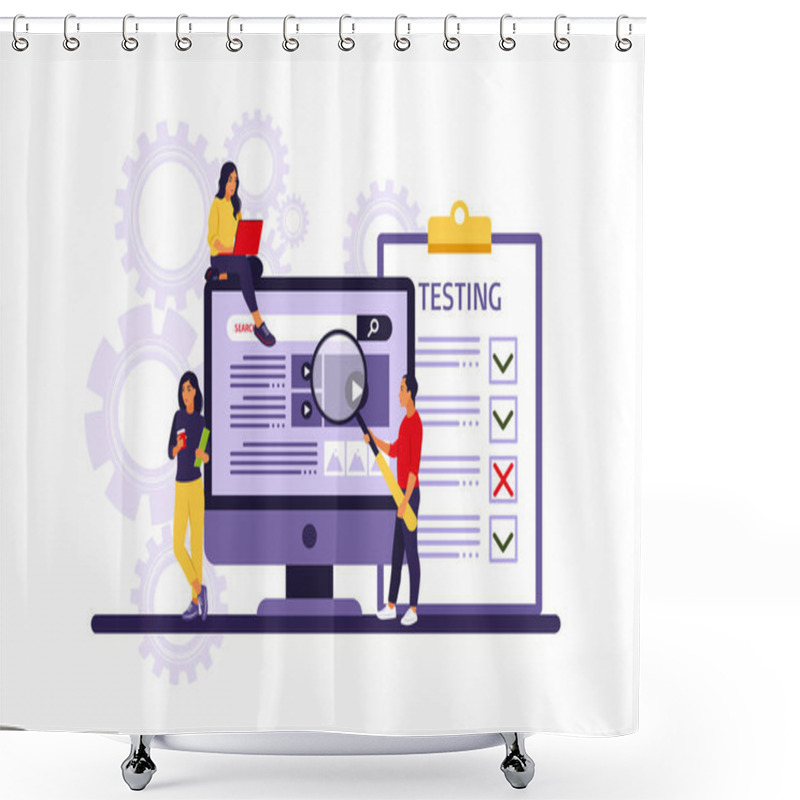 Personality  People Testing Software Fixing Bugs In Hardware Device. Application Test And IT Service Concept. Vector Illustration. Flat Shower Curtains