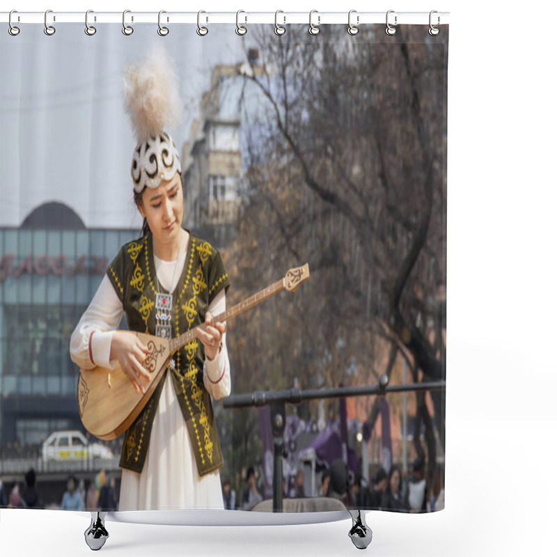 Personality  Beautiful Girl In The National Kazakh Costume Plays The Folk Musical Instrument Dombra On The Street Scene Celebrating The Nauryz Holiday Shower Curtains