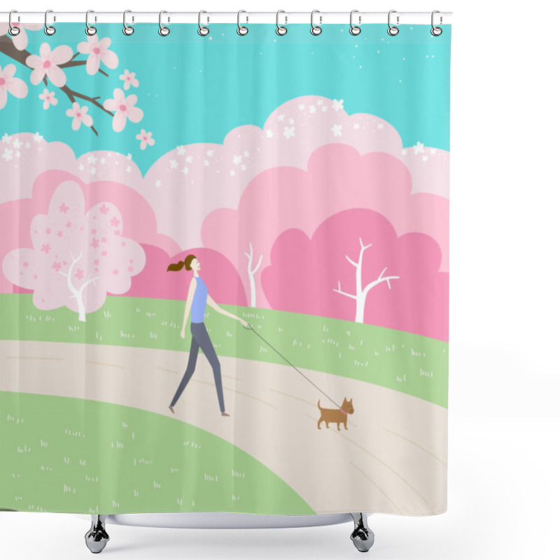 Personality  Park Landscape With Cherry Blossom And Girl With A Dog. Vector Illustration. Shower Curtains