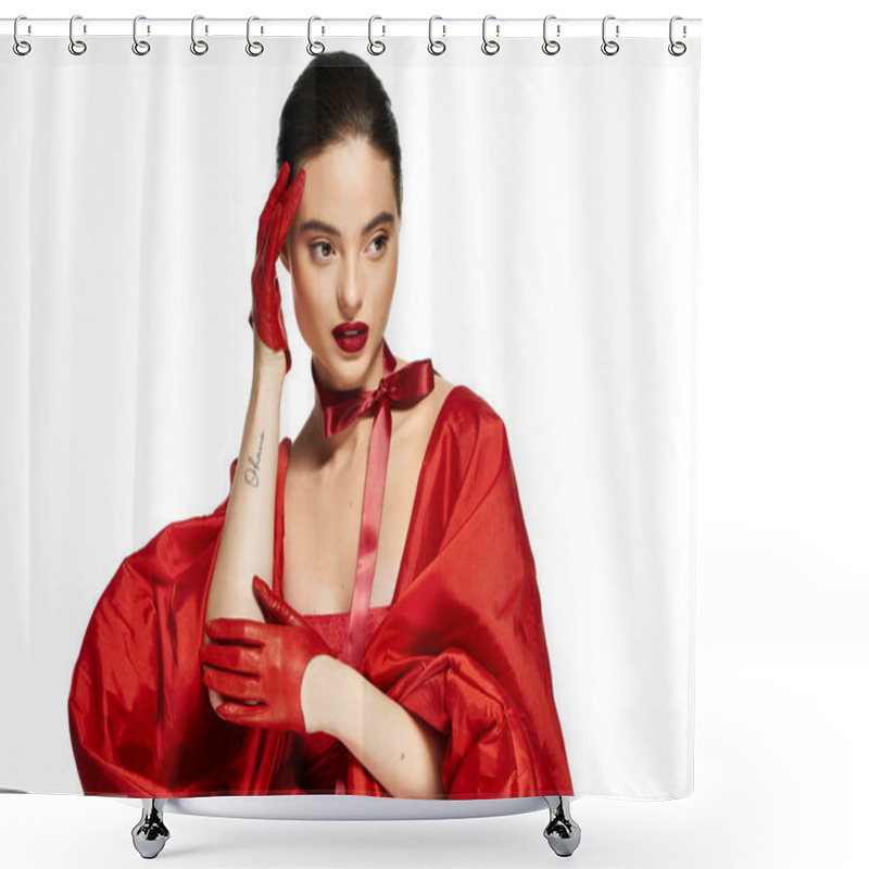 Personality  A Beautiful Woman Dressed In Red Exudes Confidence, Showcasing Her Unique Style And Poise. Shower Curtains