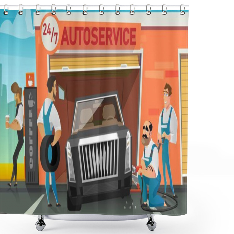 Personality  Car Service Workers Replacing Wheel Cartoon Vector Shower Curtains