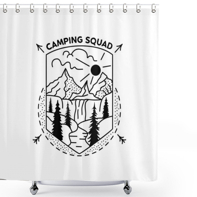 Personality  Camping Squad Badge Design. Outdoor Adventure Crest Logo With Mountains Scene. Travel Silhouette Label Isolated. Sacred Geometry. Stock Vector Tattoo Graphics Emblem Shower Curtains