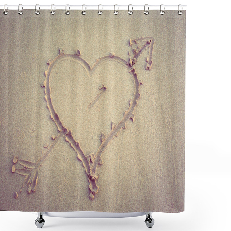 Personality  Heart With An Arrow Drawn On The Sand With Wave In The Backgroun Shower Curtains