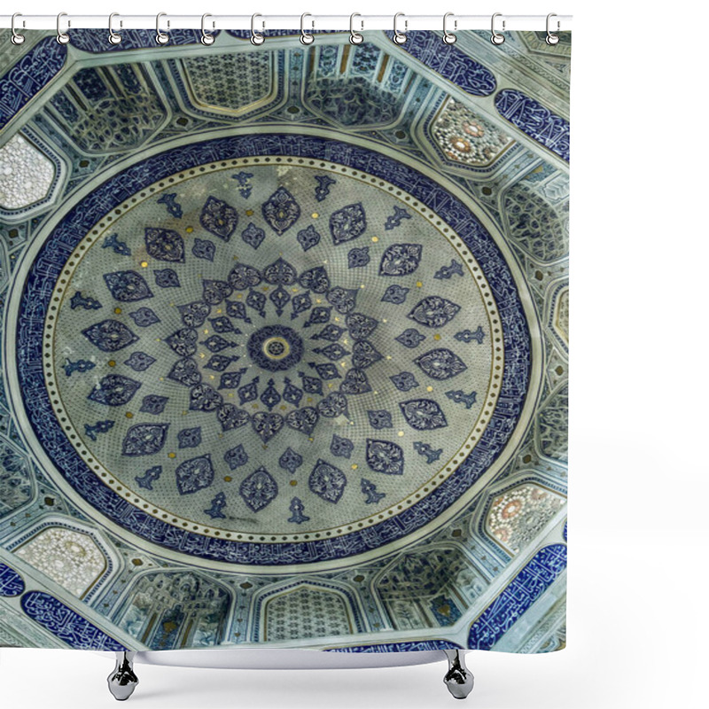 Personality  The Image Showcases An Ornate Blue And White Mosaic Ceiling Adorned With Intricate Floral Motifs, Geometric Patterns, And Arabic Calligraphy. The Symmetry And Craftsmanship Highlight The Cultural And Shower Curtains